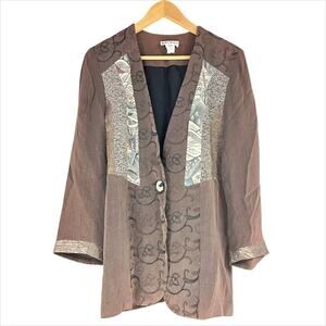 YASUKO Kimono Silk Patchwork Embroidered Blazer Jacket Size S/M Brown Ivory Blue